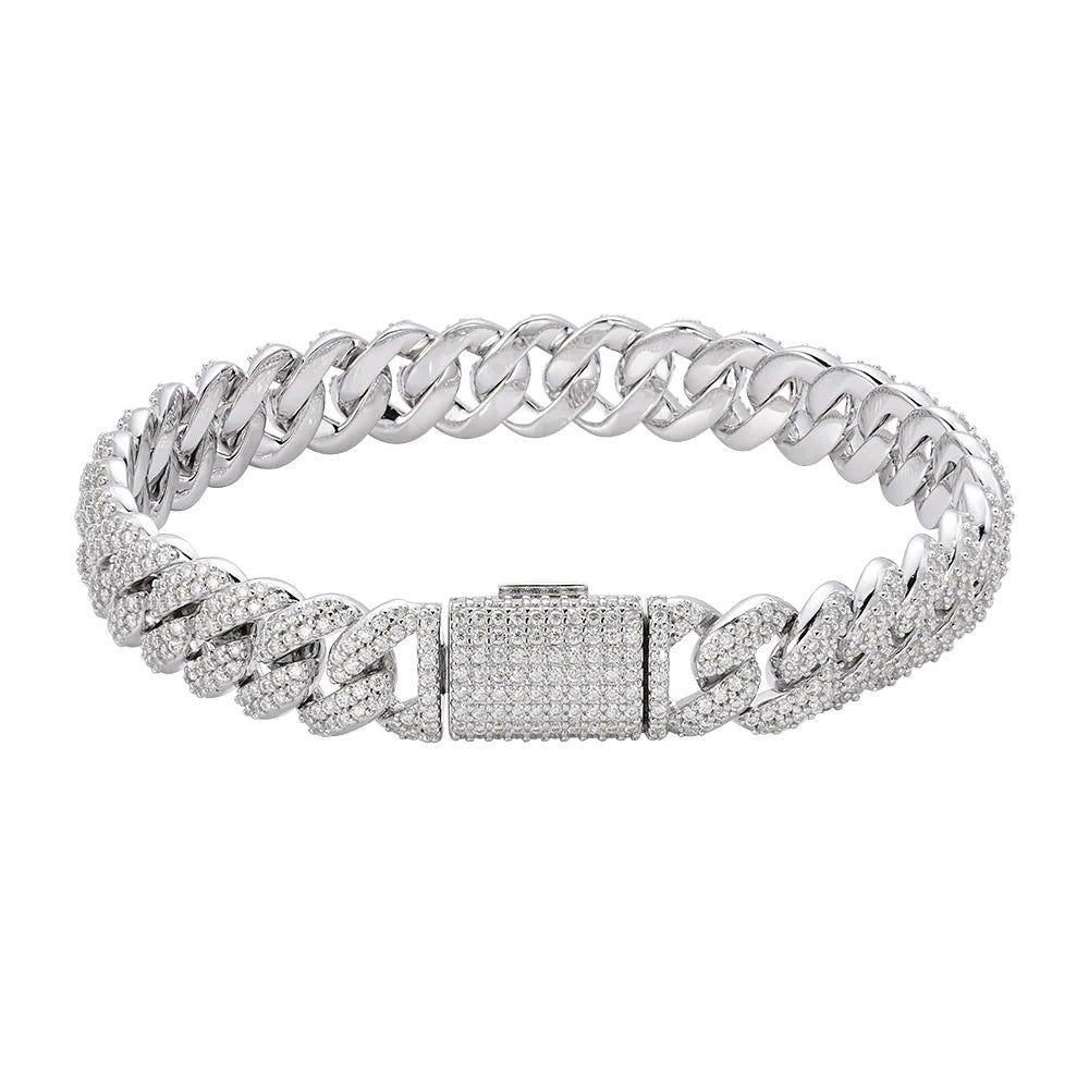 10MM Moissanite Diamond Miami Cuban Iced Sterling Silver Bracelet Mens Sizable - Master of Bling
